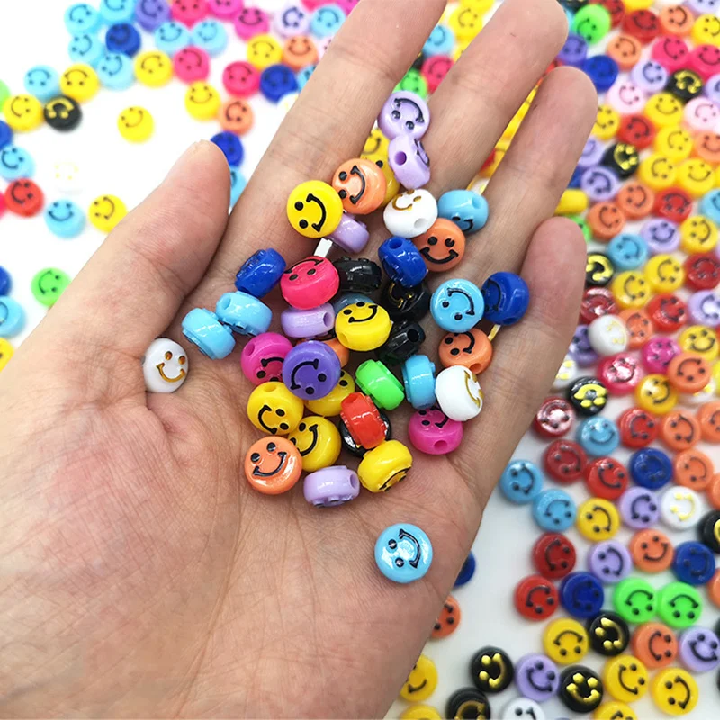New Fashion 10mm Acrylic 100pcs Relief Three-Dimensional Round Smiling Face Flat Beads DIY Jewelry Bracelet Necklace Accessories