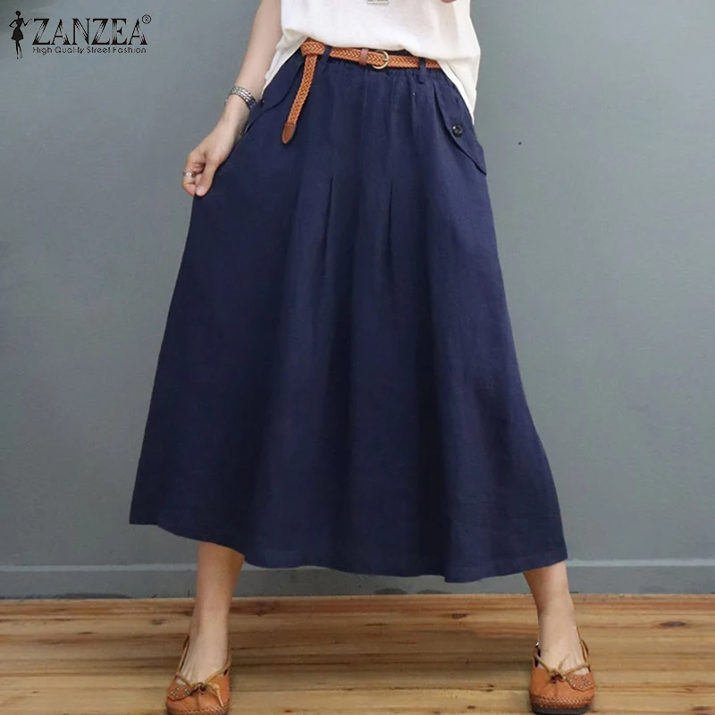 

Юбка ZANZEA Женская хлопковая средней длины, повседневная трапециевидная юбка с завышенной талией, винтажная однотонная, лето 2021