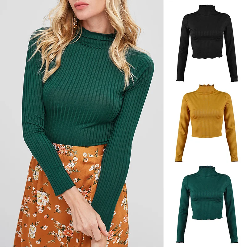 

Women Long Sleeve Solid Color Knitting Slim Crop Top for Autumn Winter Party BMF88