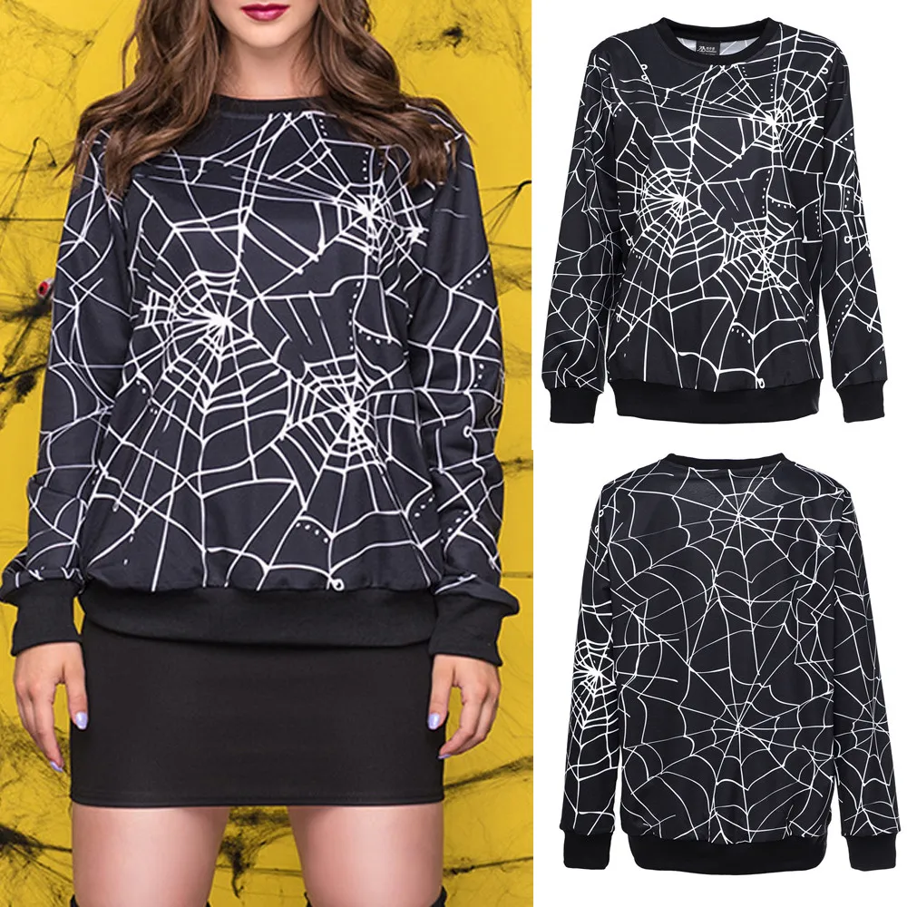 Autumn Winter Fashion Womens Scary Halloween Spider Web 3D Print Party Long sleeves Top Sweatshirt Camisola com capuz L42 | Женская