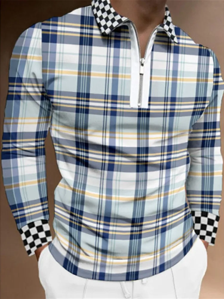 

2021 Fall Ashion Zipper Turn-down Collar Polo Shirts Autumn Long Sleeve Casual Polo Shirt Men Vintage Patchwork Striped Tops
