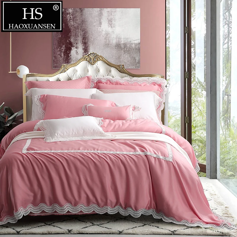 

Luxury Pink Lace Princess 4 Piece Bedding Sets 100% Tencel Lyocell Super Soft Breathable Quilt Cover Sheet Set Queen King Size