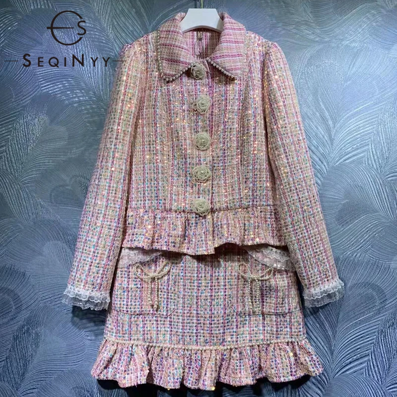 

SEQINYY Pink Fashion Set Autumn Winter New Design Women Runway High Quality Beading Button Jacket + Mini Skirt Tweed Elegant