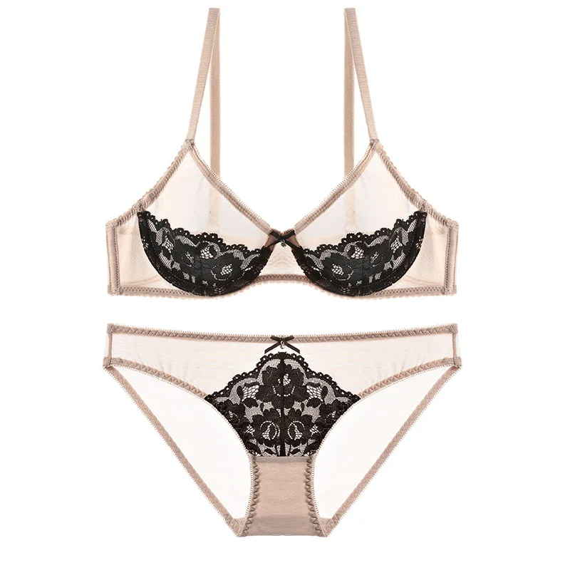 New European and American ultra-thin sponge-free sexy lace ladies underwear bra set thin bra comfortable gathering breathable