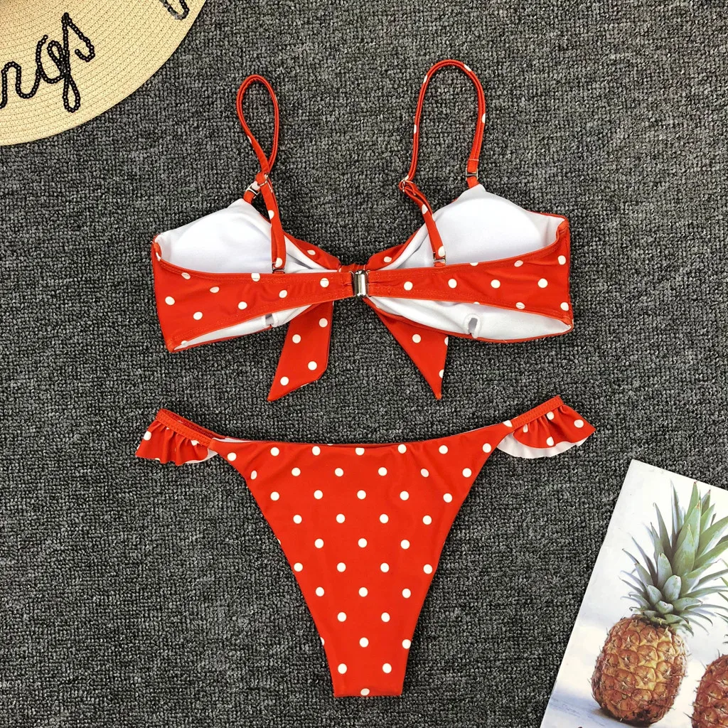 New Split Underwear Set Women Sexy Dot Print Bathing Suit Push-Up Padded Biquini Ruffle Lengerie Bottom Bow Female Intimates | Женская