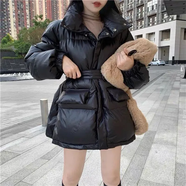 Winter Puffer Coat Female Thick Warm Parka Coat Collar Collar Bubble Coat Korean Cotton Button Down Jacket with Belt Coat Green