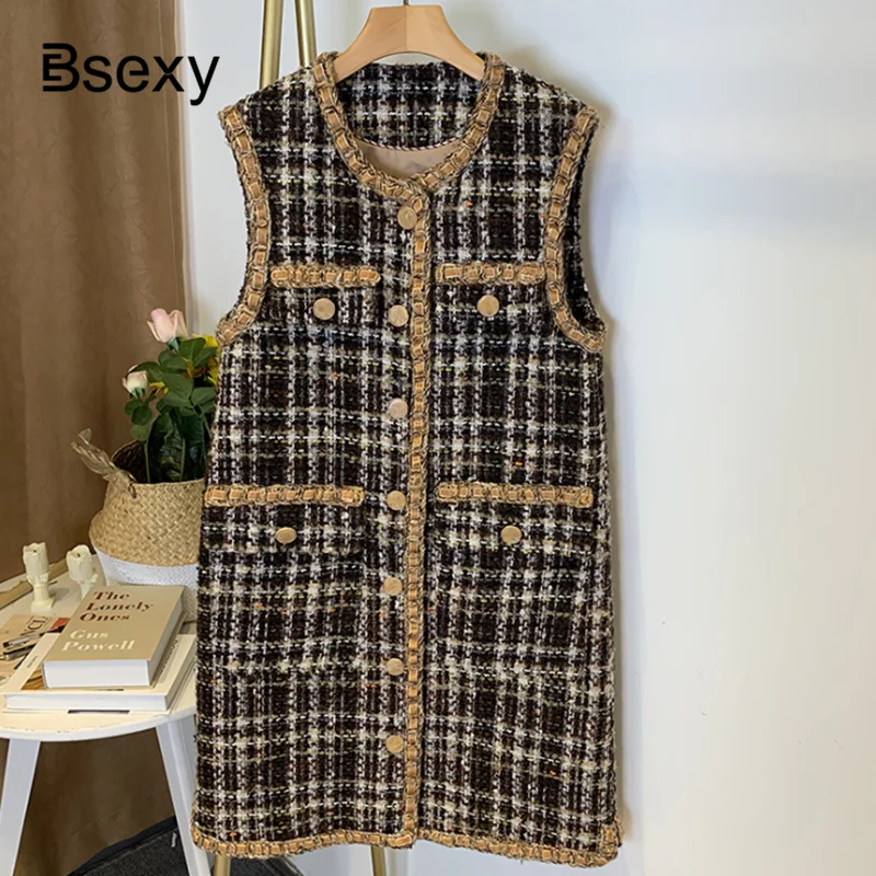 Женский Длинный жилет 2019 осень зима круглый вырез однобортный твидовый в клетку