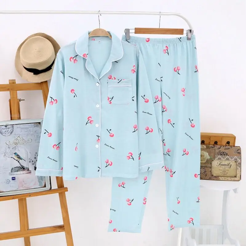 Весна New Ladies пижама Set Перо Печатный Полный хлопок Свежий стиль пижамы набор