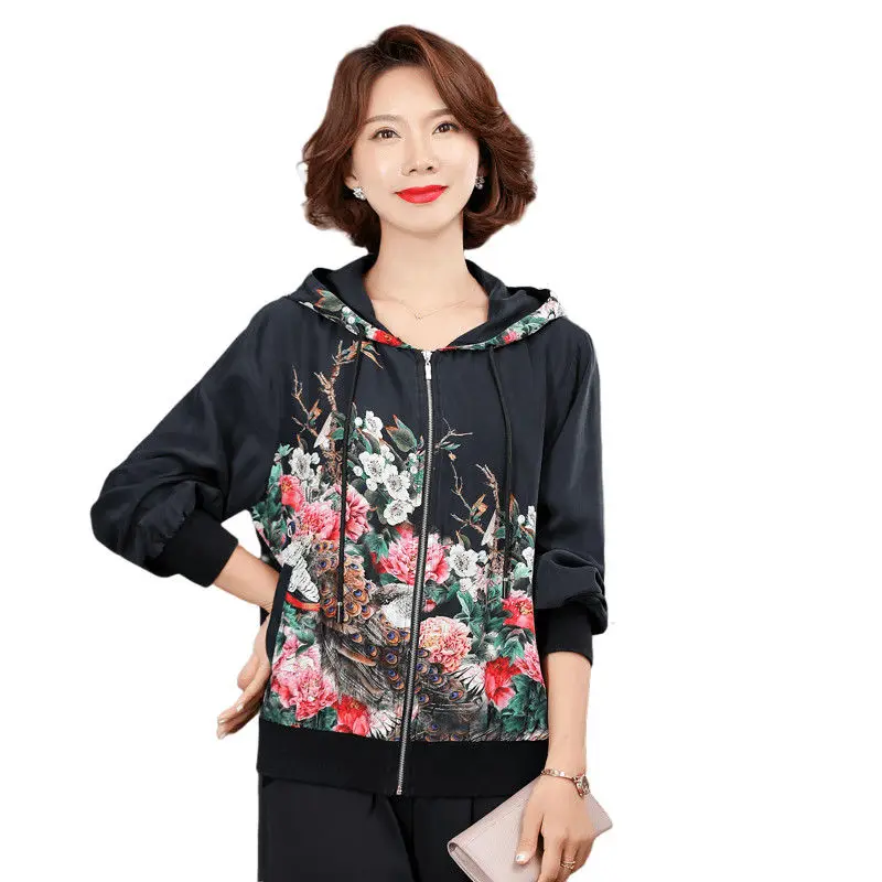 

Luxury Brand 100% Mulberry Silk Hooded Baseball Jacket Women's Print Silk Jacket