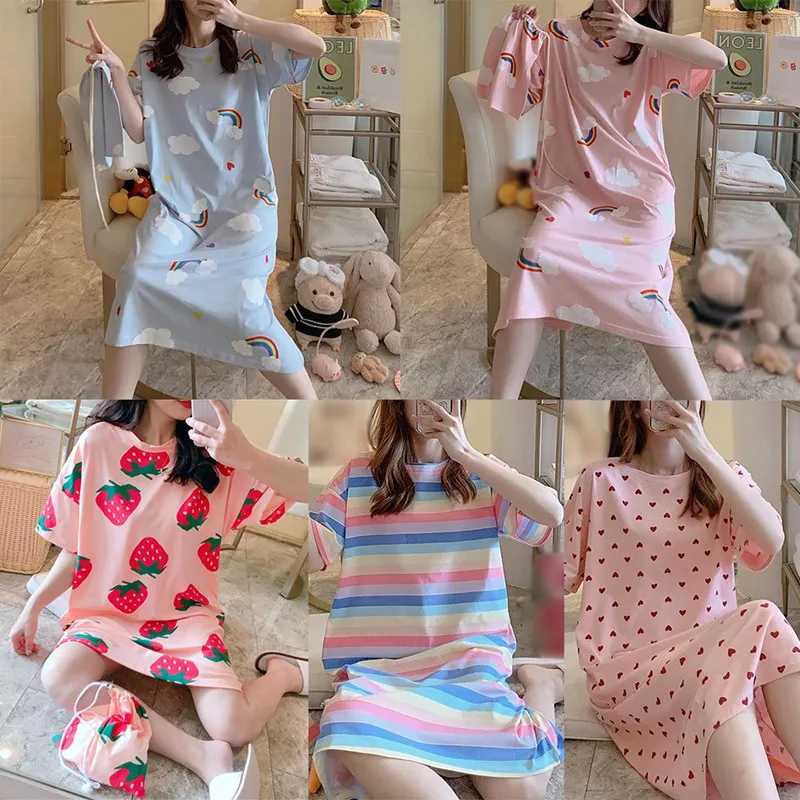 

Ladies Nightdresses Fashion Sweet Lovely Cartoon Prints Nightdress With Cute Cloth Bag Large Size Loose Casual Home Wear