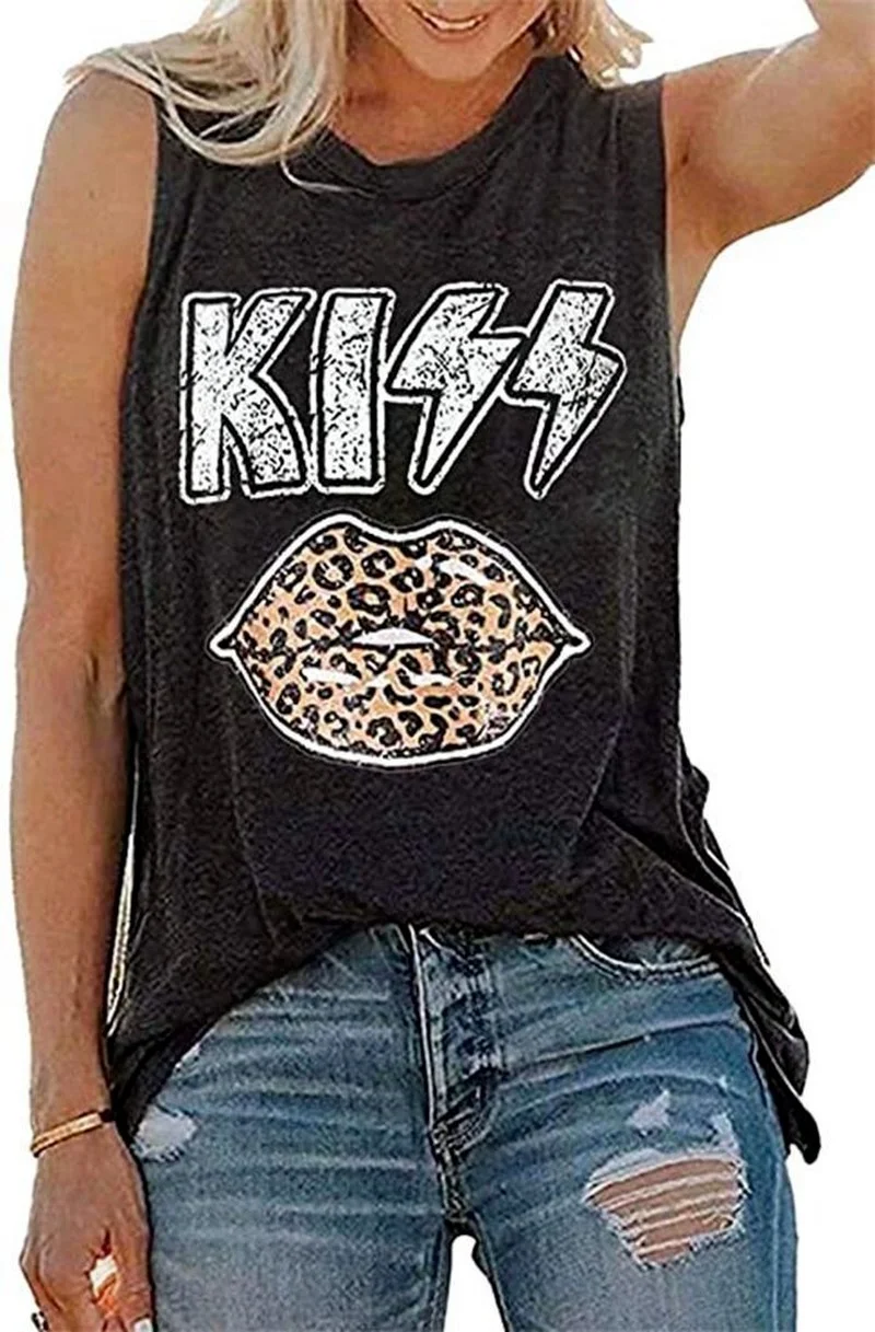 

Female 2021 Summer Leopard Lips Letter Printing Round Neck Sleeveless T-shirt