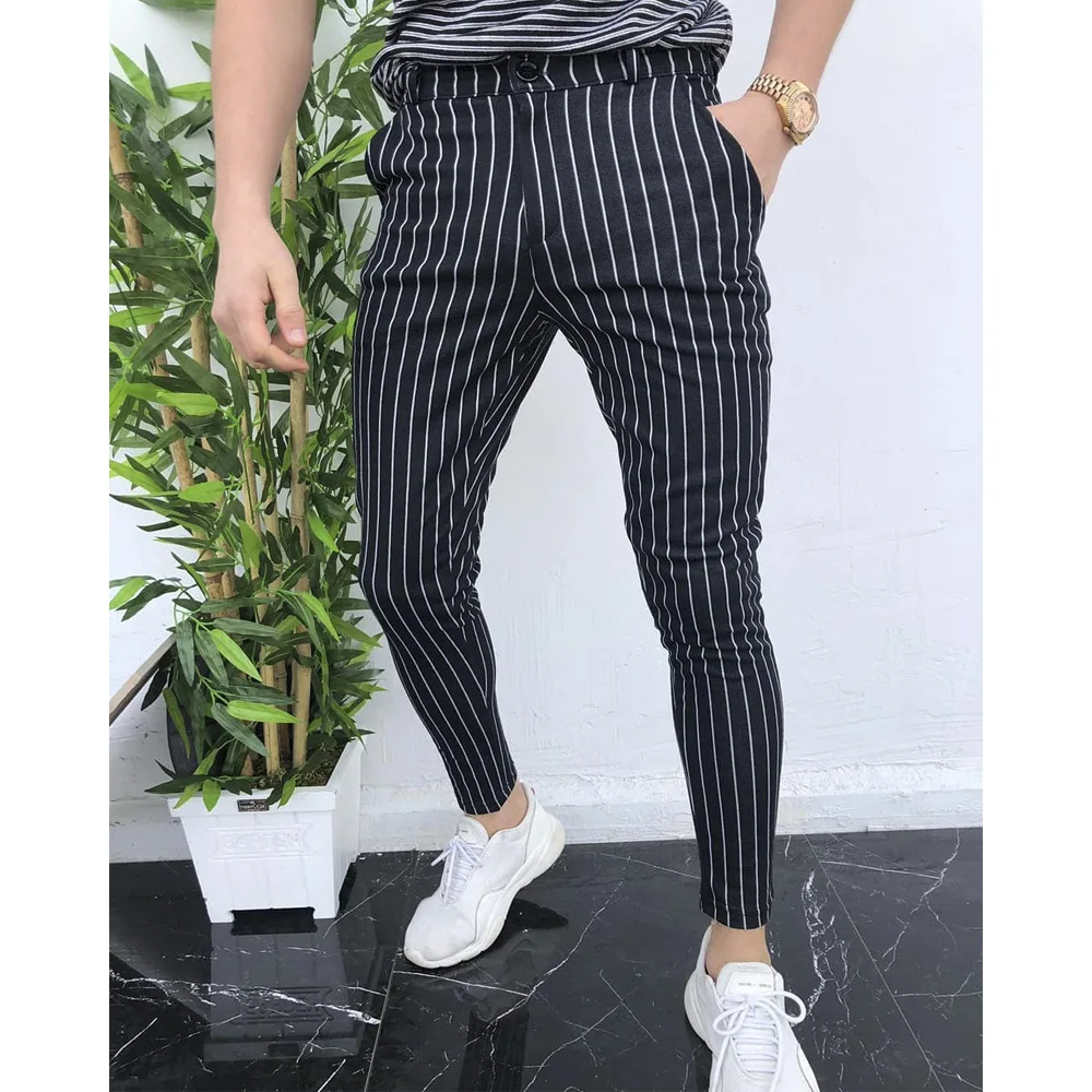 

Fashion Men's Slim Fit Stripe Business Formal Pants Casual Office Skinny Long Straight Joggers Sweat Pants Trousers