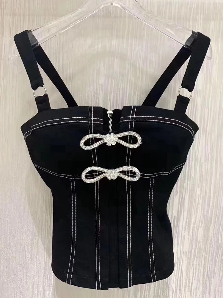 Бесплатная доставка черный джинсовый жилет на бретельках с бантиком и блестящей