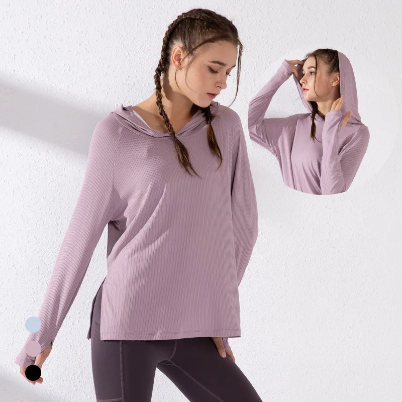 

Hooded Training Running T-shirt Loose Fitness Clothing Gym Female Breathable Quick-dry Long Sleeve Yoga shirt Top Women NVYJ274