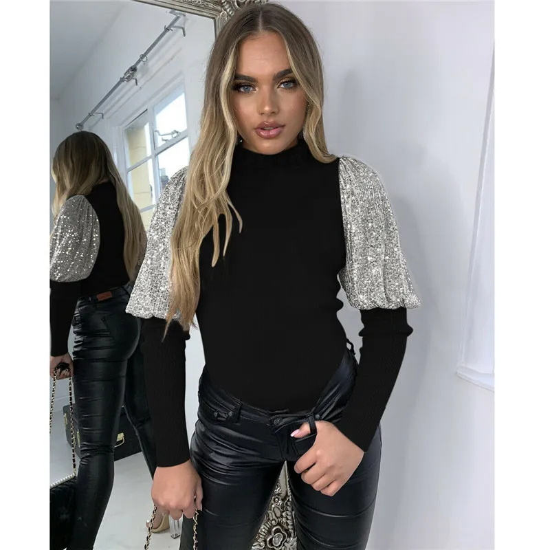 

Women Ladies Puff Sleeve Tops Shirt Blouse Sequined Sparky Turtleneck Shirt Pullover Blouse Loose Jumper Ribbed OL Slim Shirt