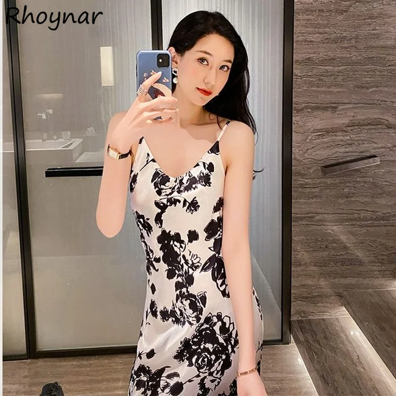

Sleeveless Women Fashion Vintage All-match Print Sexy Spaghetti Strap Backless Leisure Korean Style Female Elegant Soft Vestido