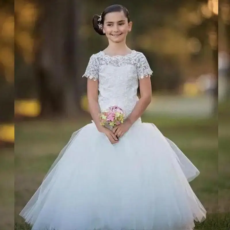 Новые очаровательные белые кружевные платья с цветами для девочек коротким