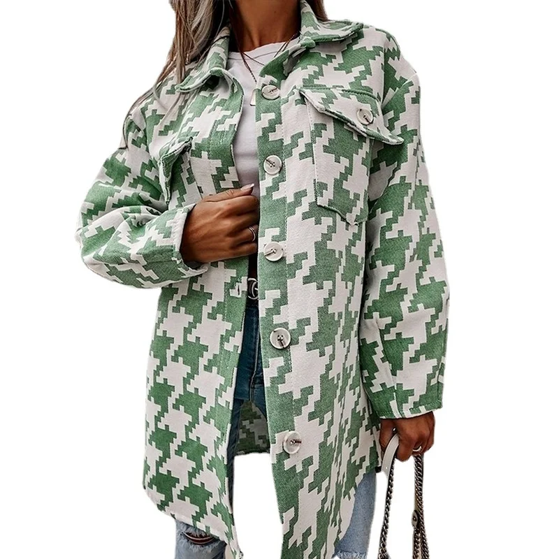 

2021 Autumn Winter Vintage Woolen Coat Houndstooth Print Single Breasted Jacket Casual Ladies Plus Size Outerwear Tops Trench