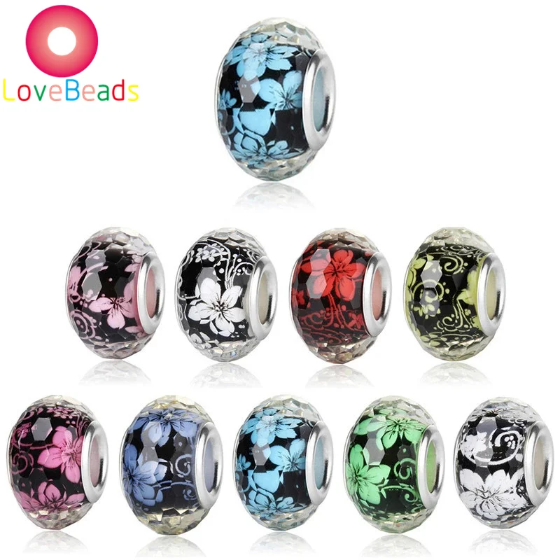 10 Pcs Set Blue Red Pink White Green Color Flower Resin Murano Large Hole Beads Charms Fit Pandora Bracelet Bangle Women Jewelry