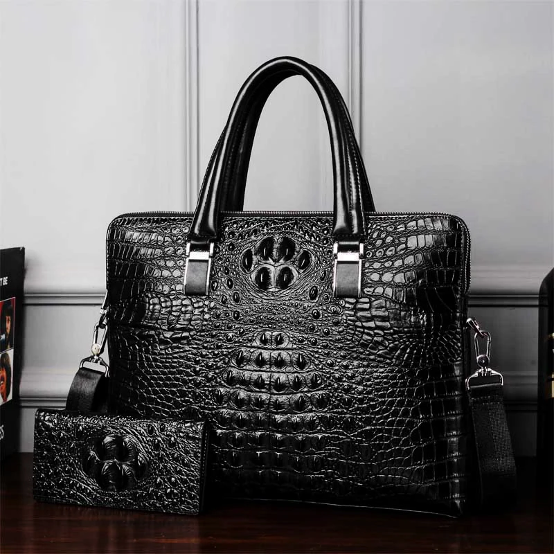 black with wallet Роскошный коровья натуральная кожа деловой мужской портфель Мужская Наплечная Сумка с принтом сумка-мессенджер сумка-тоут Компьютерная сумка - Цвет: black with wallet