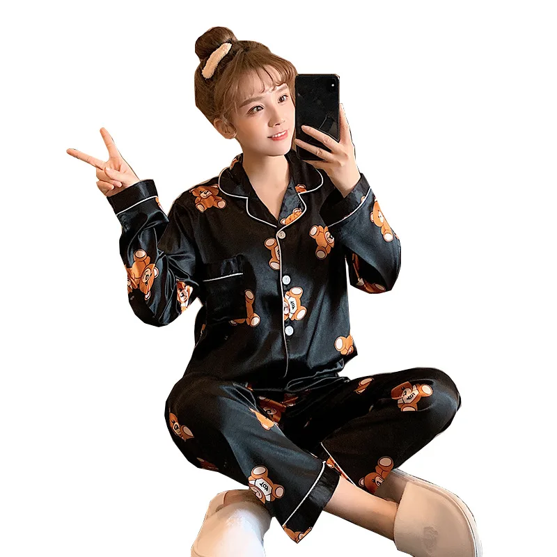 

Spring and Autumn Pajamas Women Sweet Cartoon Imitation Ice Silk Loose Lapel Cardigan Long Sleeve Trousers Trendy Home Service