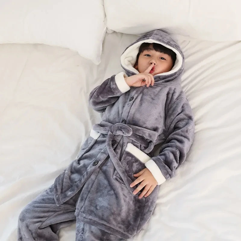 

Super Soft Children'S Nightgown+Pant Flannel Long Pajamas Trousers Boy Girl Hooded Pajama Suit Baby Autumn Winter Warm Sleepwear