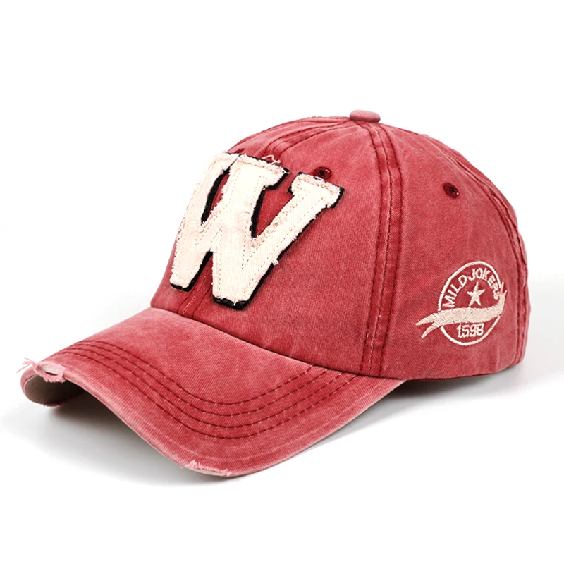 new cotton letter W Baseball Cap retro outdoor sports caps women bone gorras curved fitted washed vintage dad hats for men - Цвет: Бордовый