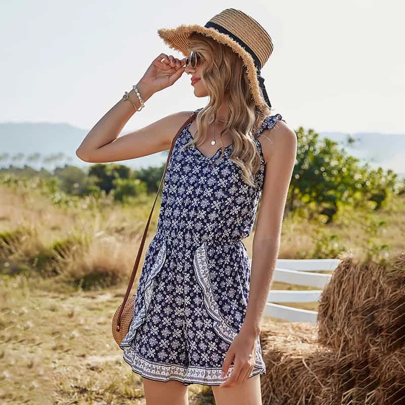 

Women Casual Jumpsuit Holiday Style Printed Suspender For Ladies Summer