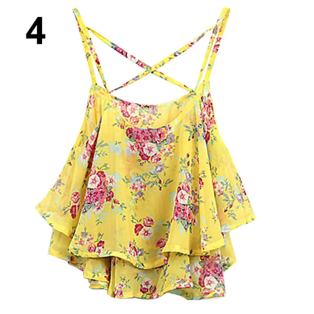 

Women's Summer Spaghetti Strap Flower Print Chiffon Shirt Vest Blouses Crop Top