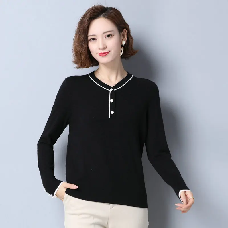 

Spring Autumn Pullover Sweater Women Red Blue Black Jumper Sweatheart Neckline White Button Rib Cuff Design Knitwear Jersey Lady