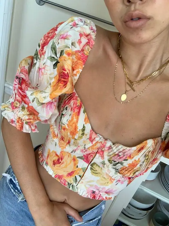 

SALEQI гофрированная чашки Сексуальная Блузка женская рубашка буффы на рукавах, эластичная резинка на талии, шикарный летний топ с гофрирован...