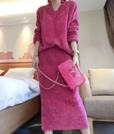 rose Red V-neck Для женщин Трикотажный костюм с принтом, комплект из двух предметов сочетающаяся юбка комплект одежды Костюмы для женская одежда конъюнкт де Mujer ансамбль женский - Цвет: rose Red V-neck