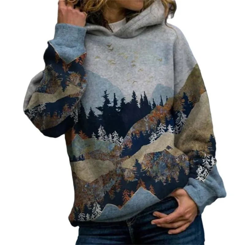 

Толстовка женская оверсайз с длинным рукавом, Свободный пуловер с винтажным принтом, повседневный свитшот с капюшоном, осень