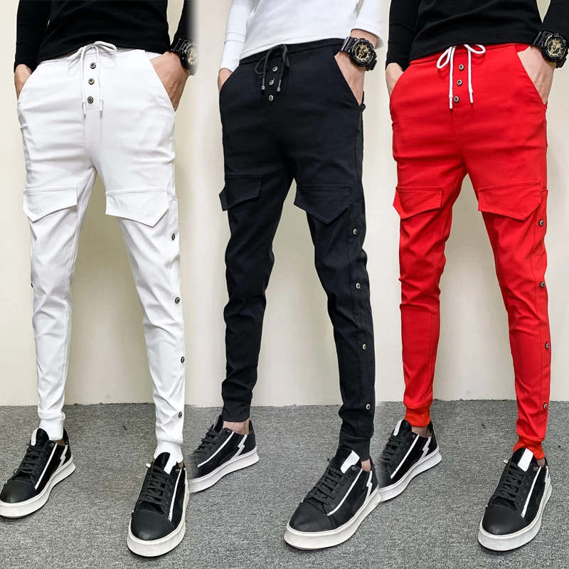 

Spring New Korean Slim Fit Harem Pants Men Clothes 2021 Simple Fashion Button Decor Casual Joggers Trousers Black/Red/Gray/White