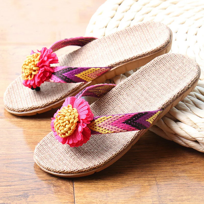 

Unisex Home Linen Slippers Flower Clips Ladies Beach Slippers Soft Bottom Linen Slippers Ladies Men's Platform Summer Sandals