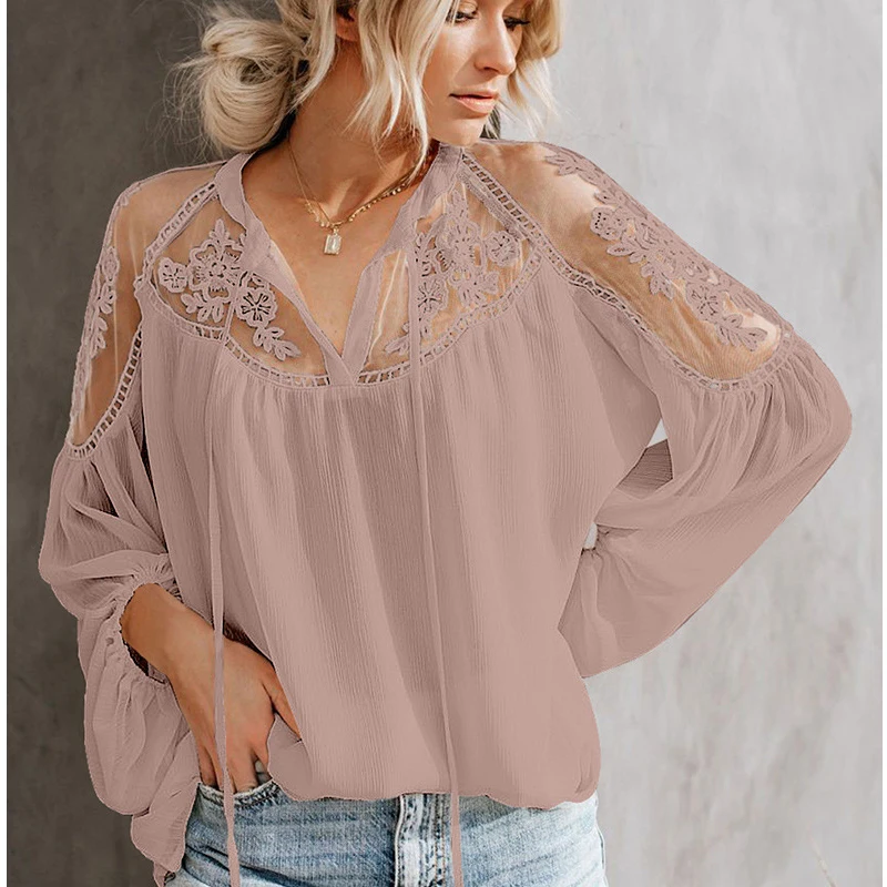 

Lantern Long Sleeve blouse Women Lace All-Match Spring Tops Femme Patchwork Trendy Shirts Perspective Loose V-Neck Fashion