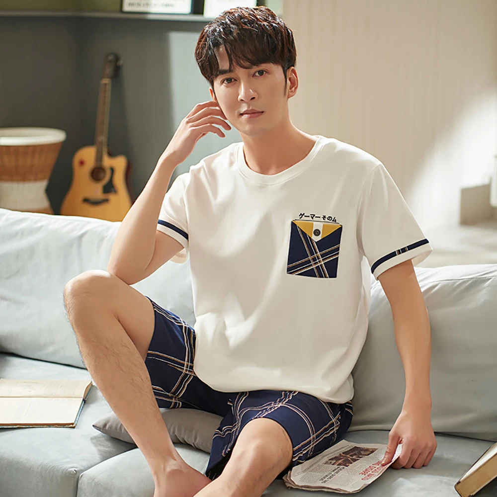 

Summer Men Cotton Pajama Casual Short Sleeve Pajamas Set With Pocket Male Plaid Shorts Thin Sleepwear Suit Plus Size Nightwear