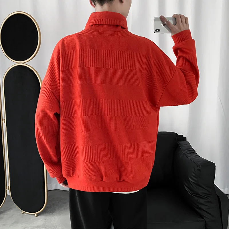 

Men Turtleneck Sweater Pullover Solid Loose Korean Fashion Trendy Simple Warm Basic Knitted Casual Leisure Students All-match