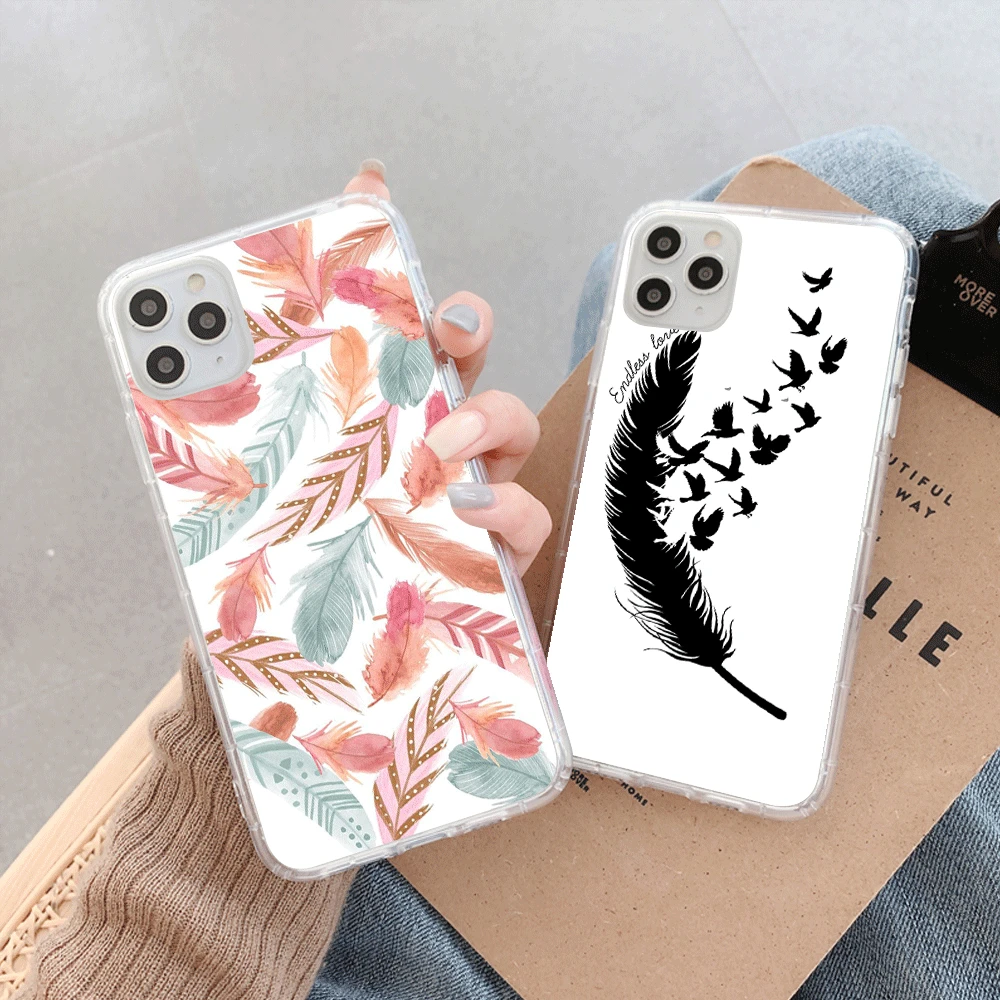 

Luxury Feather Transparent Case For iPhone 13 12 11 Pro Max X XS XR 8 7 6 Plus SE 2 2020 Mini Clear Phone Back Cover Case