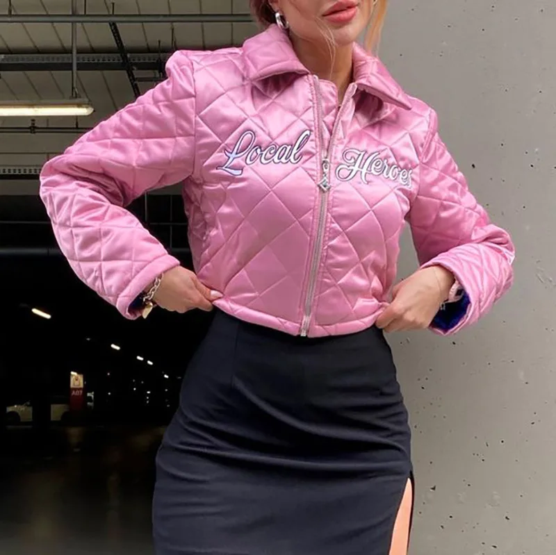 

Autumn New Style 2021 Pink Solid Color Letter Embroidered Casual Stand-up Collar Jacket Cropped Jackets Winter Coats Shiny Coat