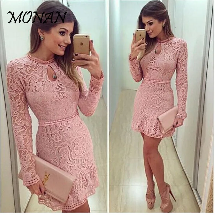High Quality Elegant Hollow Out Lace Dress Women Long Sleeve Autumn Style Midi-calf Pink Spring Party Vestidos | Женская одежда