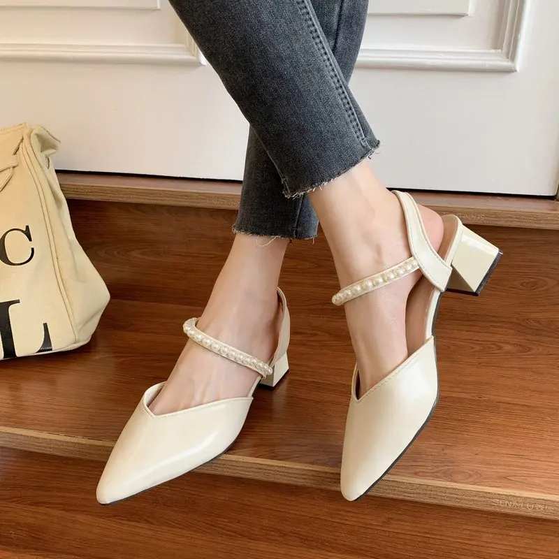 

Female Sandal Spring Shoes Clear Heels Slip-on Loafers Summer Women's Girls Elastic Band Closed 2021 Block Beige High Pearl Com