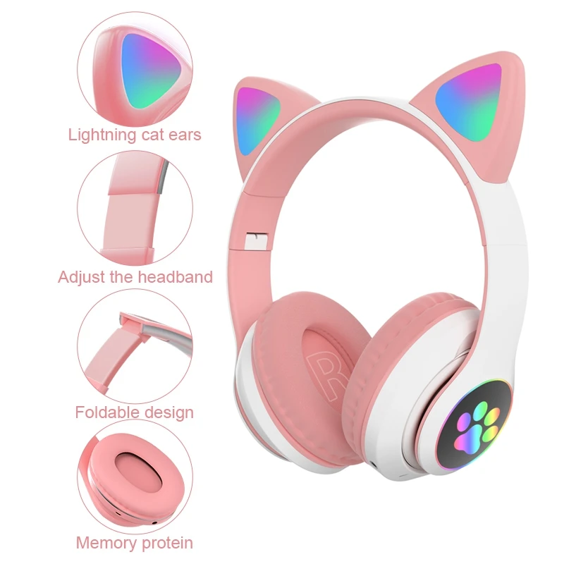 Cute Cat Ears Wireless Headphones With Flash Light Microphone LED Kids Girl Stereo Music Helmet Phone Bluetooth Headset Gift | Электроника
