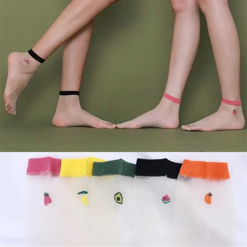 

5 Pairs Colorful Summer Transparent Lace Fruits Ultra thin Women Funny Tulle Socks Middle Tube Women Breathable Silk Sox