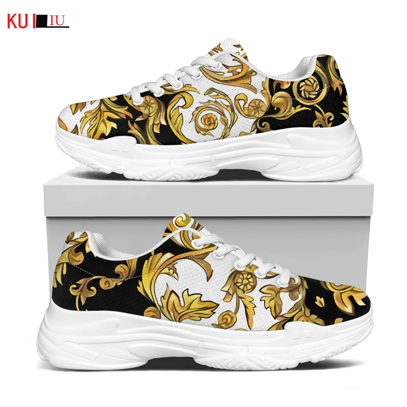 

KUILIU роскошные европейские золотые Цветочные женские туфли на шнуровке женские кроссовки на платформе увеличивающий комфорт