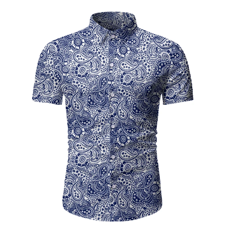 Мужская пляжная гавайская рубашка черная с короткими рукавами и цветочным