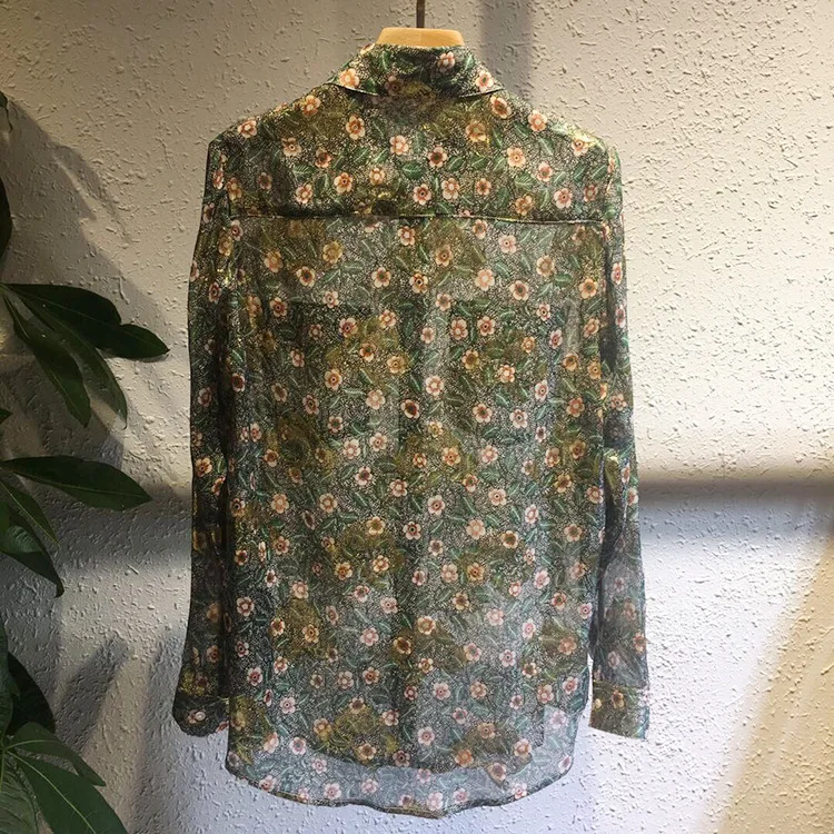 

Women's Floral Print Shirt Turn-down Collar Loose Double Pockets Loose Blouse