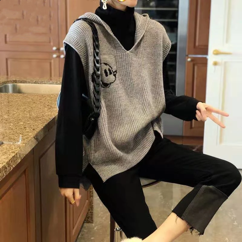 Женский свитер с капюшоном и вилкой безрукавка оверсайз весна осень 2021| |