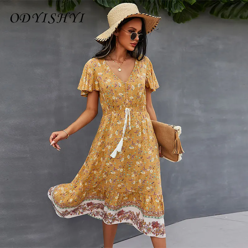

Bohemian Vacation Casual Dress Party Women's Summer Short Sleeve V-Neck Print Maxi Dresses Female Vestidos XM14