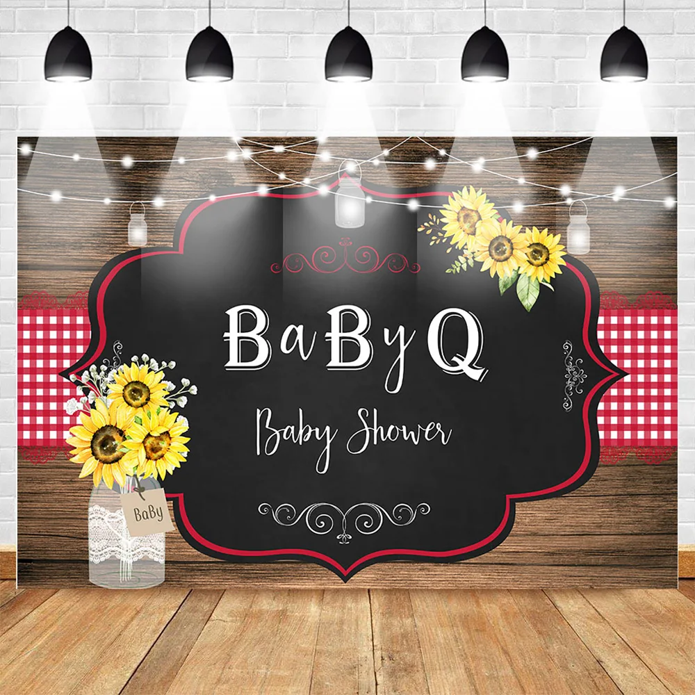 

Mehofoto BBQ Baby Shower Photo Background Wood Floor Newborn Party Banner Decor Backdrop Warm Sunflower Light Custom Backdrops
